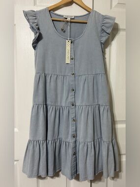 She + Sky Flutter Sleeve Light Wash Denim Dress Button Front Tiered NWT Size L